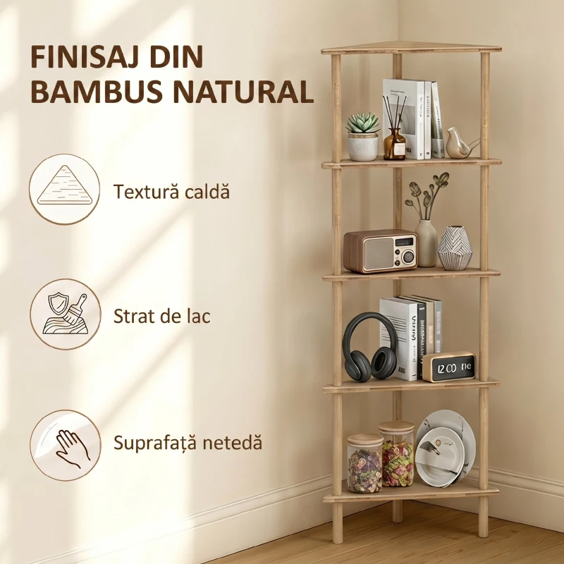 HOMCOM Etajeră de Colț din Bambus cu 5 Rafturi, pentru Casă, Finisaj Natural