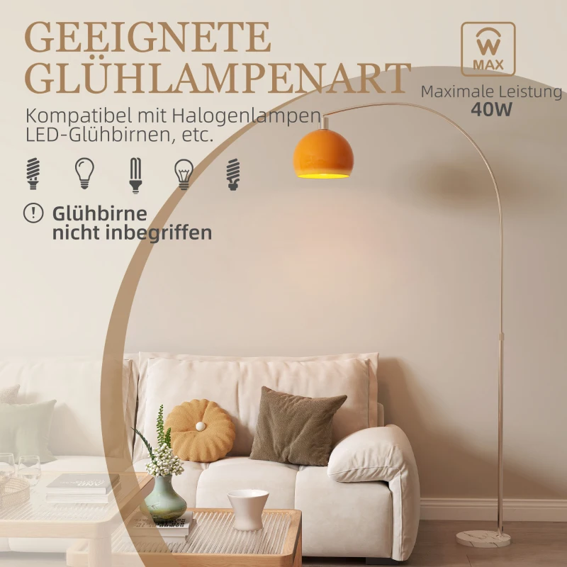 HOMCOM boogvloerlamp met voetschakelaar, van marmer, metaal en kunststof, 26x90x180 cm, wit en oranje(m-6)