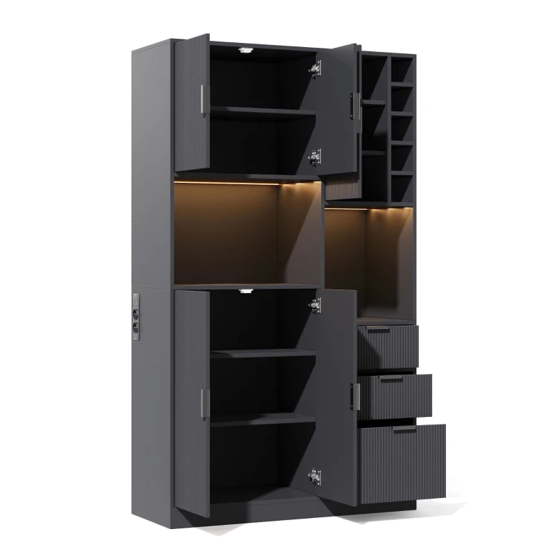 Moderner hoher Küchenschrank mit Weinregal, verstellbaren Einlegeböden und 3 Schubladen, 105x40x180 cm, Schwarz
