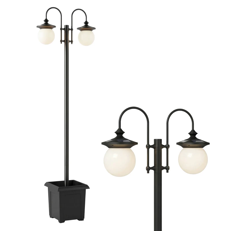 Outsunny Farola Solar Exterior de Jardín con Macetero 2 Cabezales Impermeable IP44 Encendido/Apagado Automático Altura Ajustable