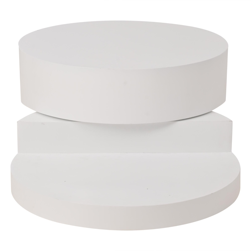 Masă de cafea cilindrică cu blat rotativ la 360°, bandă LED, construcție cu 2 straturi, 70x70x35,5 cm, Alb