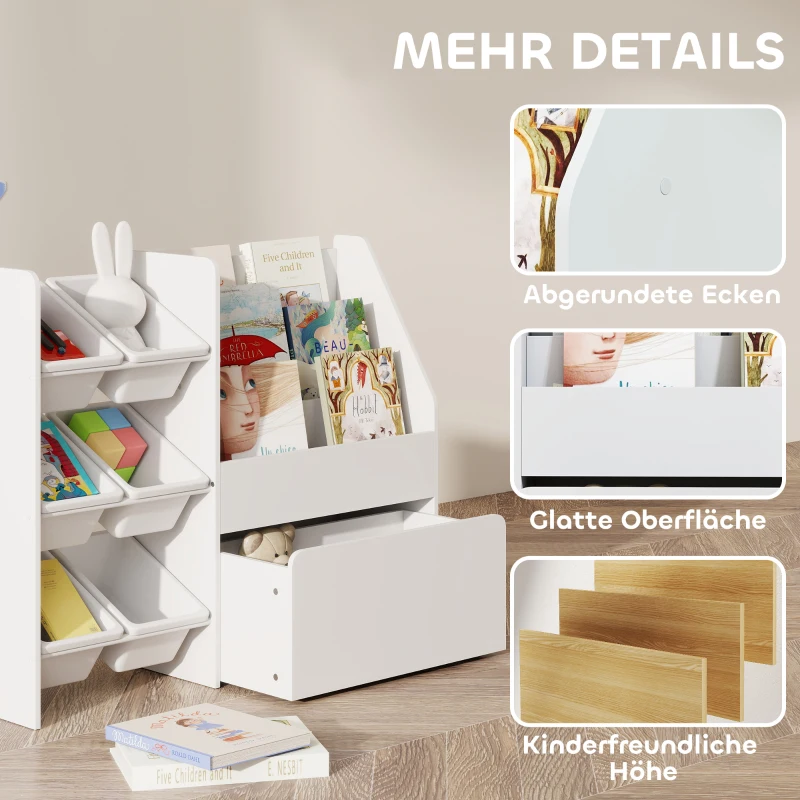 AIYAPLAY Spielzeugregal, Kinderzimmerregal mit 6 Behälter, Bücherablage, rollbare Box, 100 x 30 x 80 cm, MDF, Stahl, Weiß