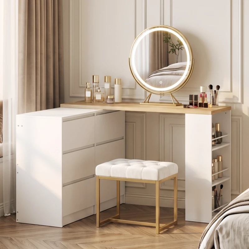 HOMCOM Vanity Table, Dressing Table with 6 Drawers and 3-Tier Shelf for Women and Girls, White