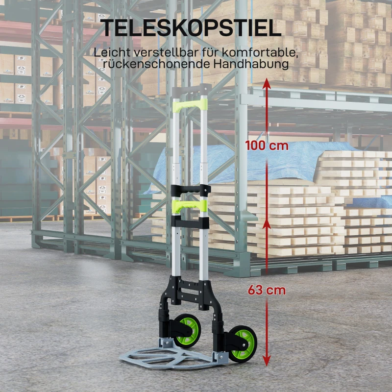 HOMCOM Vouwbare steekwagen aluminium Transportkar met telescopische handgreep Verstelbaar tot 100 cm
