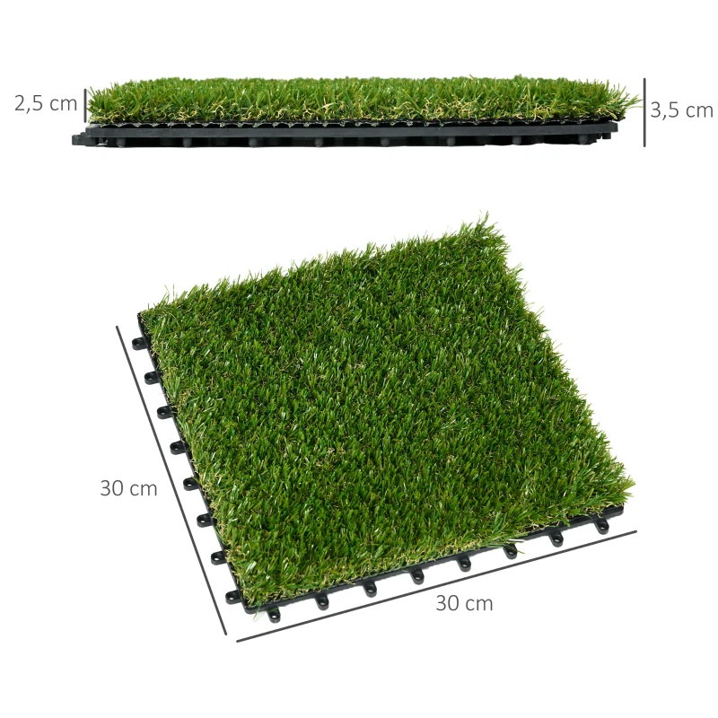 Outsunny Kunstgras, natuurgetrouw, met drainagefunctie, 11K vezels/m², 25mm hoogte, set van 10 stuks van 30x30cm, groen