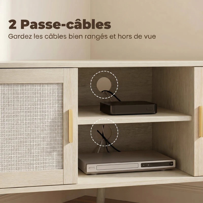 HOMCOM Meuble TV d'Angle 115 cm, Meuble Télé pour Téléviseur jusqu'à 65 Pouces, 2 Portes en Rotin  2 Compartiments, Chêne