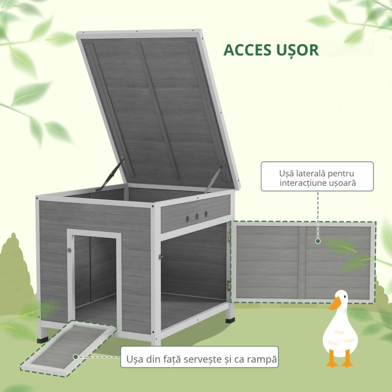 PawHut adăpost pentru rațe din lemn cu acoperiș din asfalt, podea detașabilă, ușă laterală, adăpost pentru păsări cu orificii de ventilație, rezistent la intemperii coteț pentru gâște adăpost pentru găini Gri deschis 63 x 82 x 76 cm