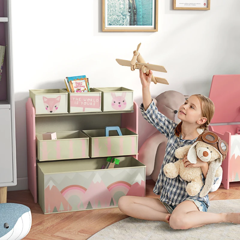 ZONEKIZ Kinderschrank mit 6 Stoffboxen, niedliches Motiv, 63x30x66 cm, Rosa