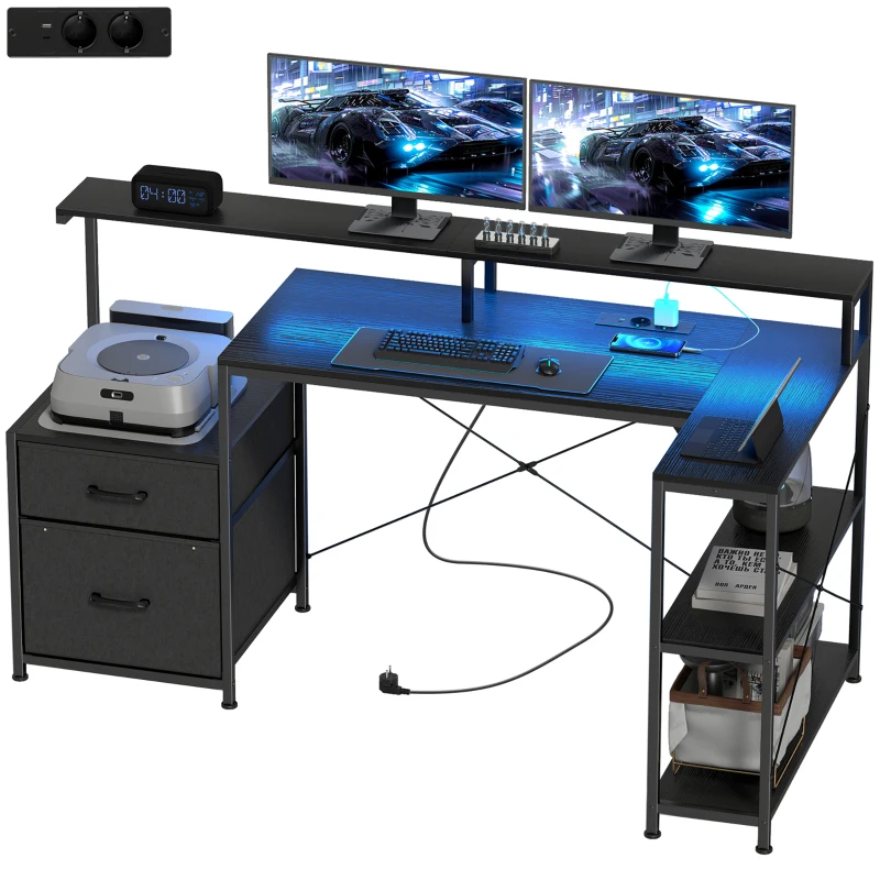 HOMCOM Gamingbureau L-vormig bureau met LED & stopcontacten, met dubbel monitorhouder, 165x80x91,5 cm, zwarte houtlook