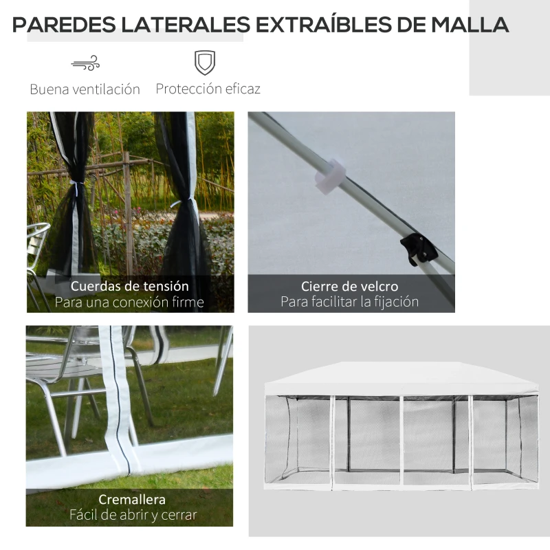 Outsunny Carpa Plegable 6x3 m Cenador para Jardín Gazebo con 6 Cortinas Mosquitera y Cremallera Bolsa de Transporte Impermeable para Exterior Blanco