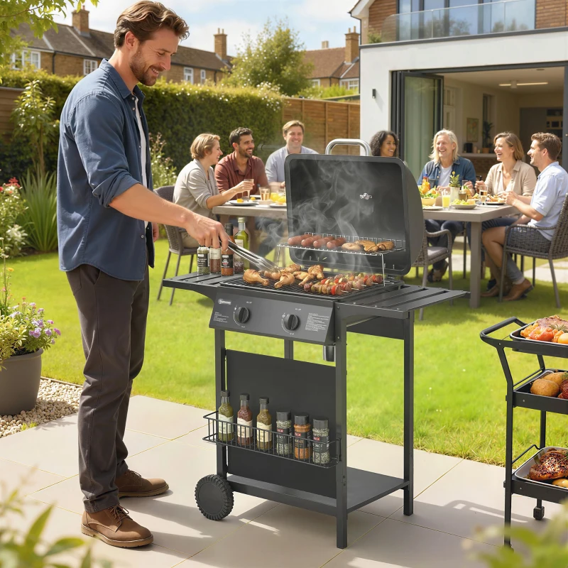Outsunny Barbecue Gas con 2 Bruciatori, Tavolini Laterali e Termometro Integrato, in Acciaio Inox, 99x56x95 cm, Nero