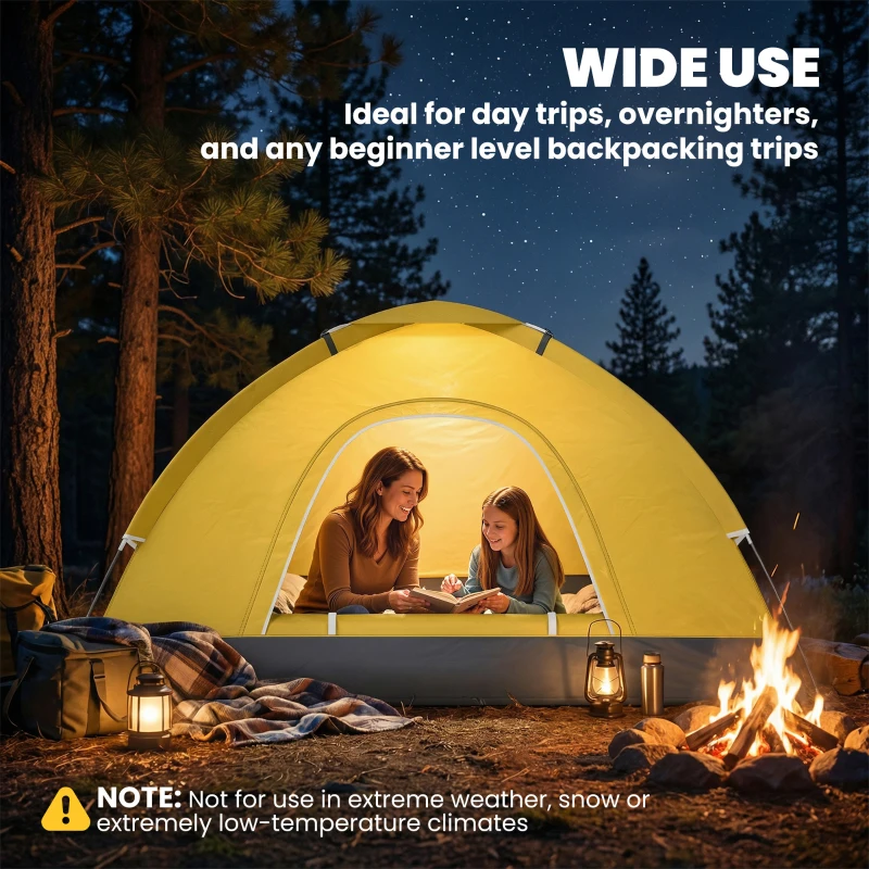 Outsunny 2 Person Camping Tent, Dome Tent with Zipped Doors, Storage Pocket, Portable Handy Bag, Yellow