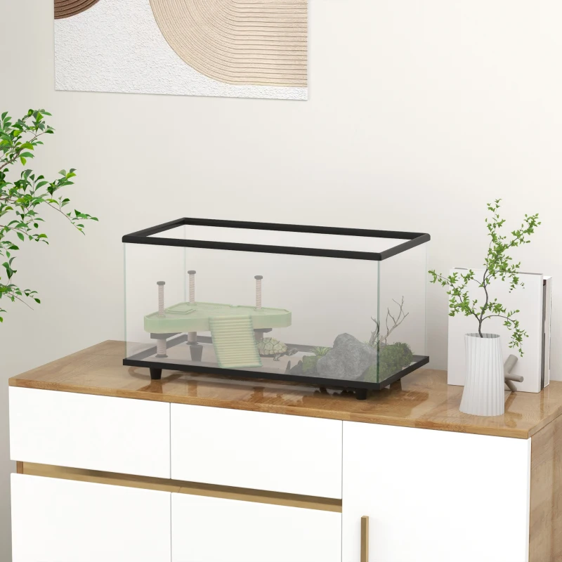 PawHut Aquário para Tartarugas 50 L com Plataforma Rampa e Termómetro 60x30x32 cm Transparente