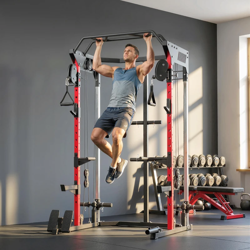 SPORTNOW Station de Musculation Power Rack 900kg Double Poulie Réglable 19 Niveaux Home Gym Complet pour Entraînement Force Noir