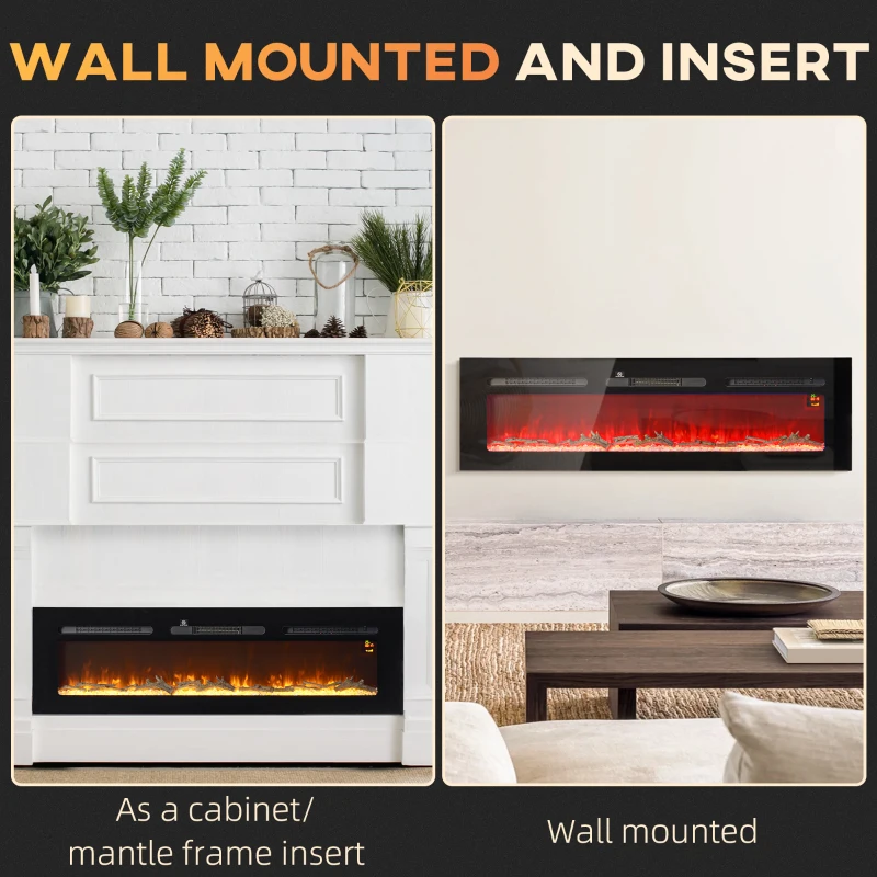 HOMCOM Chimenea eléctrica con soporte de pared y mando a distancia, troncos artificiales y cristales, potencia 1800 W, negro