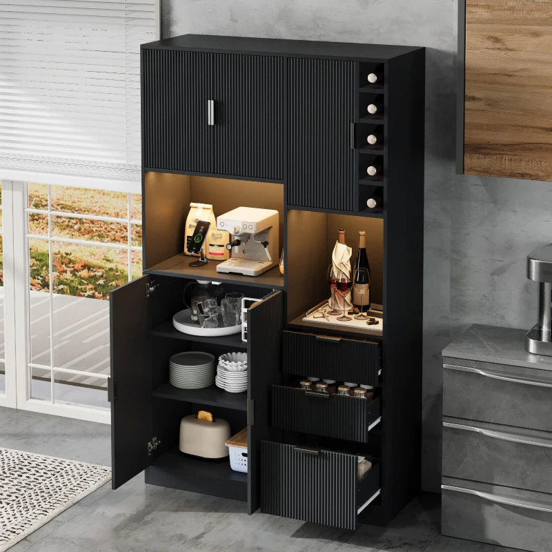 Moderner hoher Küchenschrank mit Weinregal, verstellbaren Einlegeböden und 3 Schubladen, 105x40x180 cm, Schwarz