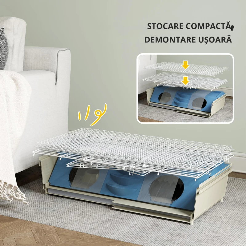 PawHut Cușcă pentru animale mici, balcon, rampă, suport pentru fân, sticlă pentru apă, design cu 2 nivele, alb