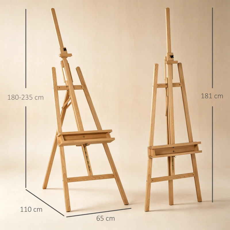 Vinsetto Schildersezel, Houten Ezel, Hoogteverstelbaar, Opvouwbaar, Pennenbak, Beukenhout, 65 x 110 x 180-235 cm