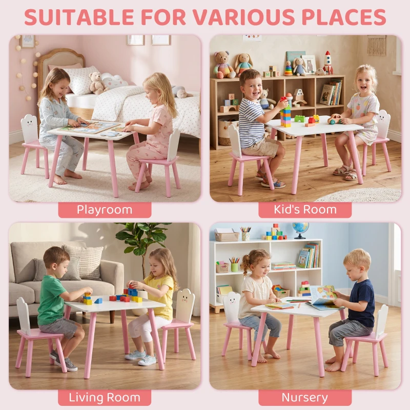 AIYAPLAY Table enfant avec chaise, ensemble table et 2 chaises en bois pour dessiner, jouer, étudier, rose