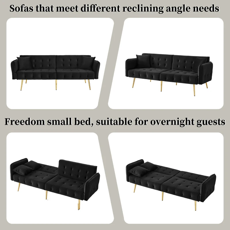 2-Seater Sofa Bed with Independently Adjustable Backrests, Space-Saving Folding Sofa with Multi-Position Armrests, 178L x 82W x 70H cm, Black