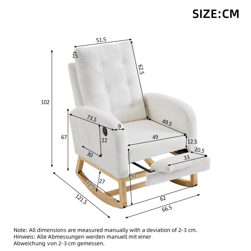 ModernLuxe Rocking Chair with Boucle Fabric Upholstery, Nursing Armchair with Side Pocket, 66.5L x 121.5W x 102H cm, White