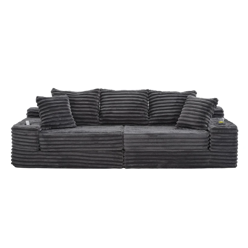 Convertible Sofa Bed with High Backrest and Extra Pillow, Ribbed Corduroy Couch with Dual Side Pockets, 107.5L x 38.5W x 34H cm, Dark Gray