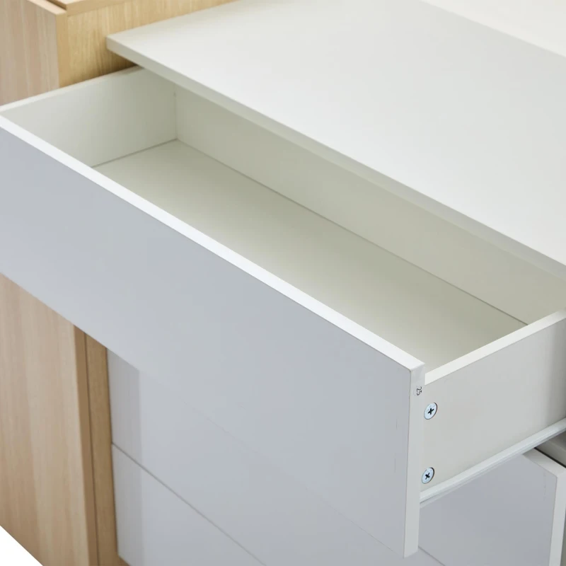 High-Gloss Sideboard with 4 Drawers and 2 Doors, Stylish Storage Cabinet with Anti-Tilt Safety Rails, 140L x 35W x 76.5H cm, White