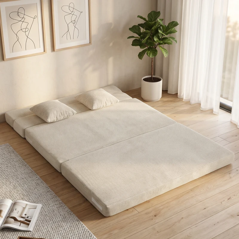 HOMCOM Sofá Cama Plegable 2 en 1 Butaca 2 Plazas Convertible en Terciopelo Acanalado Almohada Bolsillos Laterales Crema