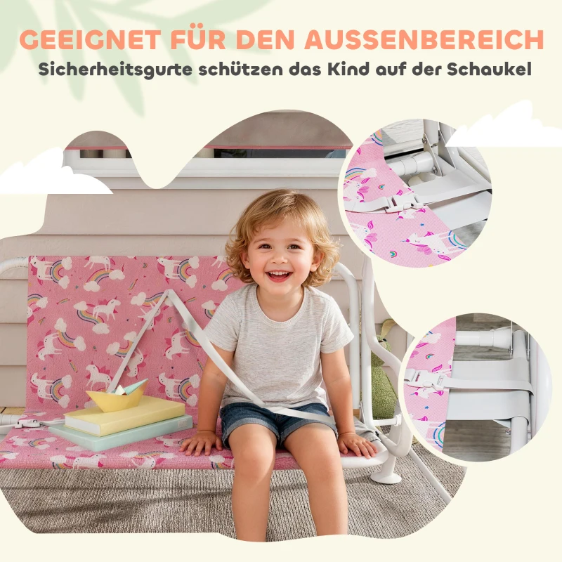 AIYAPLAY 2-Sitzer Kinder Hollywoodschaukel mit verstellbarem Sonnendach, Sicherheitsgurt, für 3-6 Jahre Kinder bis 60 kg Rosa