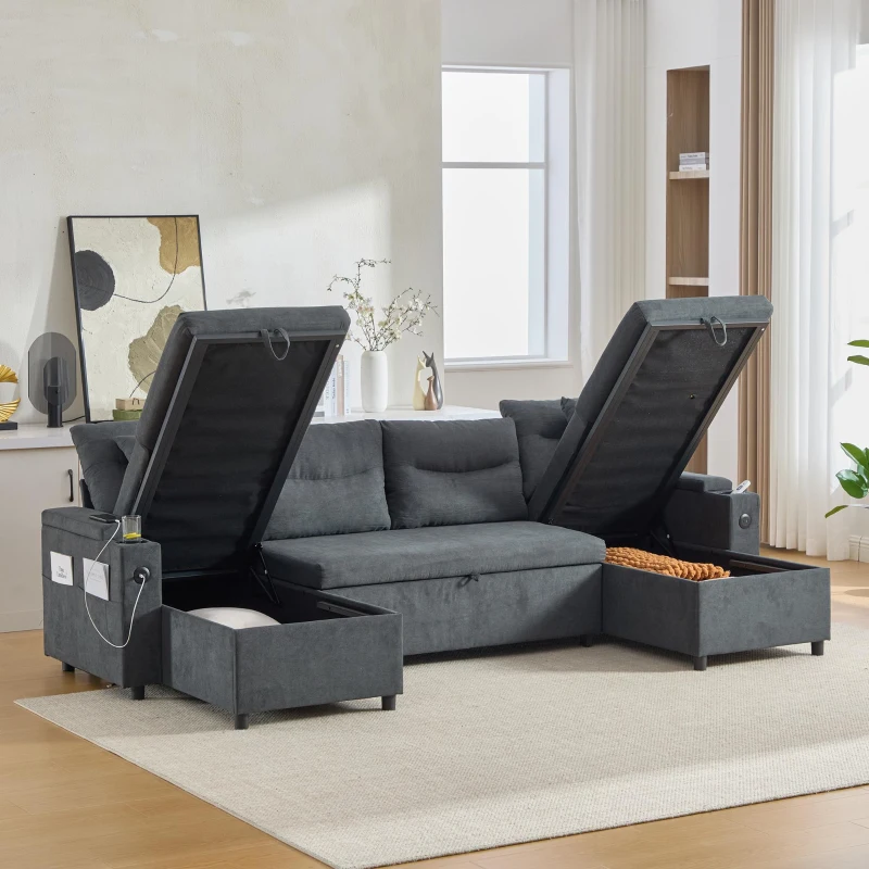 Contemporary 4-Seater Fabric Sofa with 2 Chaise Longues, Minimalist U-Shaped Couch with Integrated Cup Holders, 272L x 136W x 86H cm, Dark Gray