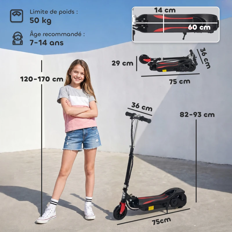 HOMCOM Trottinette électrique pliante pour enfant de 7+ans, 120W Vitesse max 12km/h, 75x36x82-93 cm Noir