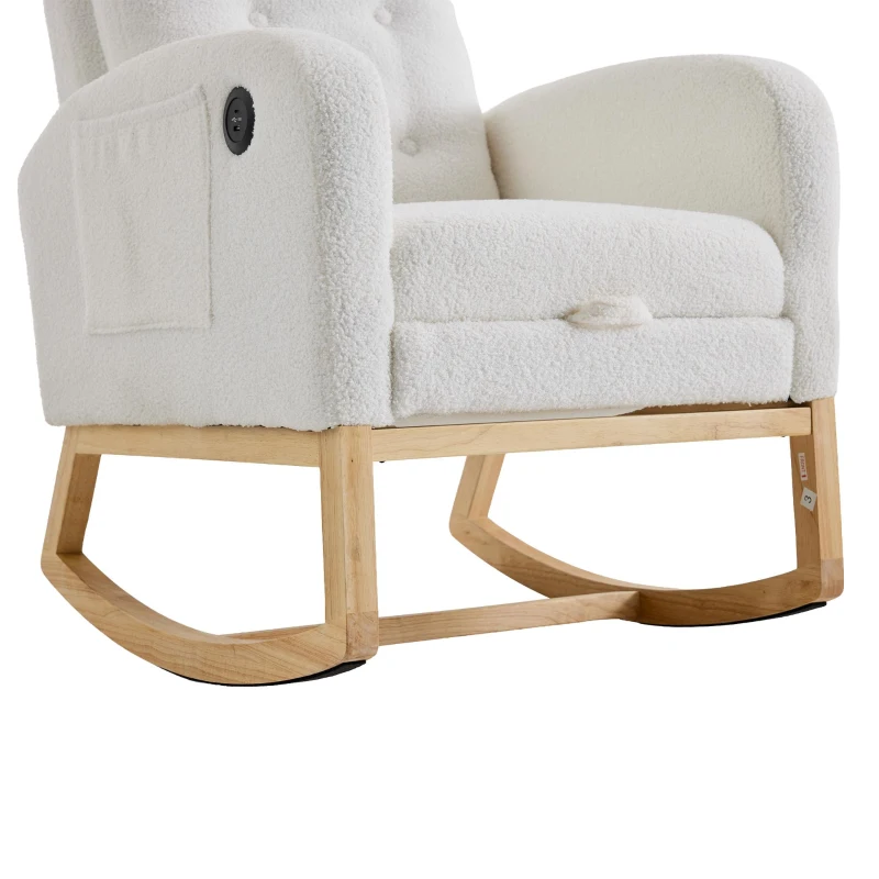 ModernLuxe Rocking Chair with Boucle Fabric Upholstery, Nursing Armchair with Side Pocket, 66.5L x 121.5W x 102H cm, White