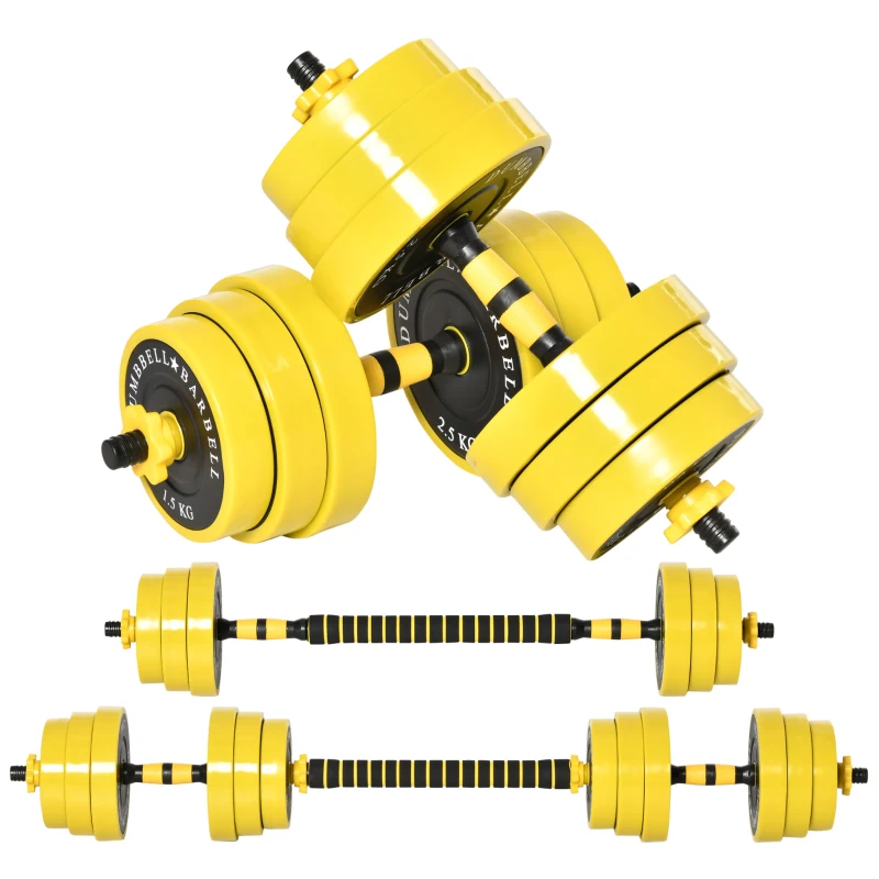 HOMCOM 25 kg halter & halter met lange stang, verstelbare ergonomische 3-in-1 halterset, 12 × schijven, 2 × korte stangen, 1 × lange stang, geel + zwart