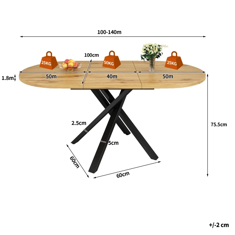 Extendable Dining Table with Sturdy X-Shaped Metal Frame, Space-Saving Convertible Table with Adjustable Feet, 100L x 40W x 75.5H cm, Wood