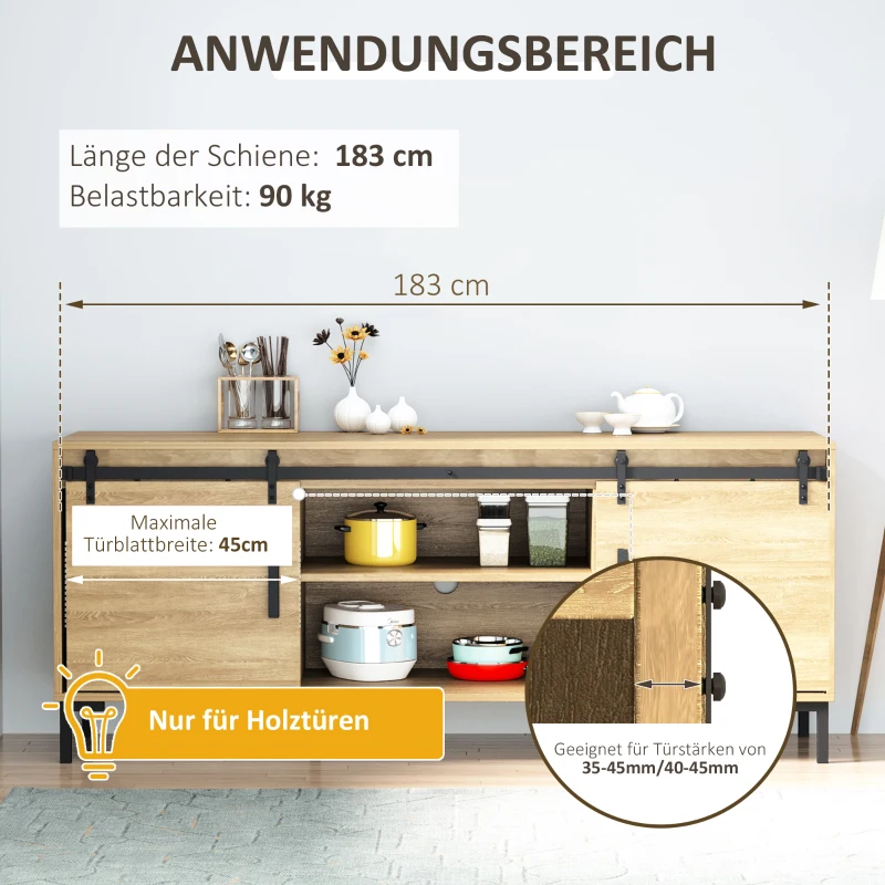 HOMCOM schuifdeursysteem looprail schuifdeurbeslag voor dubbele houten deuren accessoires koolstofstaal zwart 183 x 0,6 x 18 cm