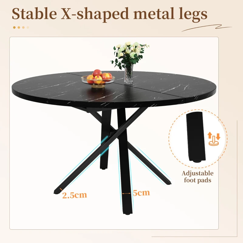 Extendable Dining Table with Marble-Effect Top, Space-Saving Round Table with Sturdy X-Shaped Metal Frame, 100L x 100W x 75.5H cm, Black