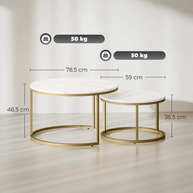 HOMCOM 2er-Set runde Couchtische, stapelbare Beistelltische mit Metallrahmen, Wohnzimmertisch in Marmoroptik, Kaffeetisch, Grau