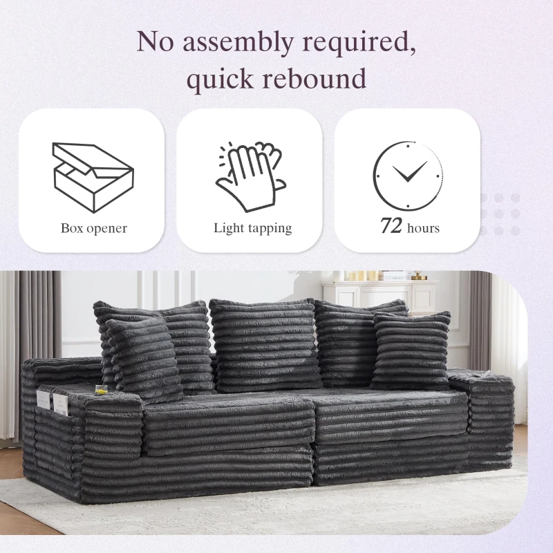 Convertible Sofa Bed with High Backrest and Extra Pillow, Ribbed Corduroy Couch with Dual Side Pockets, 107.5L x 38.5W x 34H cm, Dark Gray