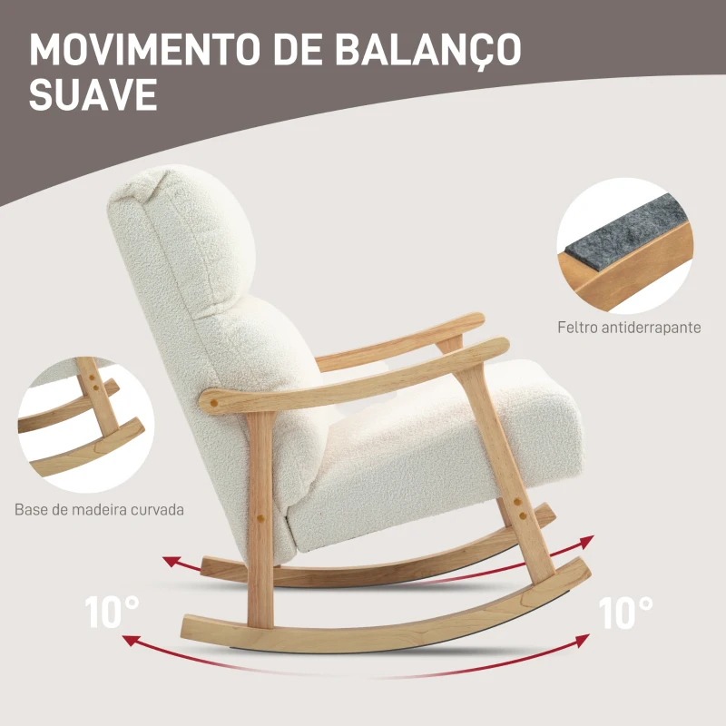 HOMCOM Poltrona Baloiço Moderna em Borrego com Apoio para os Braços de Madeira de Faia Poltrona de Amamentação 65x90x98 cm Creme