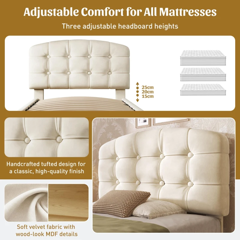 Upholstered Single Bed with Storage Drawers and Compartments, Plush Velvet Bed Frame with Button-Tufted Headboard, 198L x 101W x 120H cm, Beige