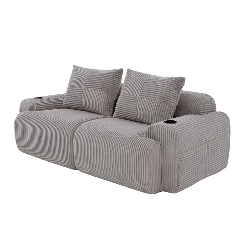 Modular 2-Seater Sofa with Built-In Cup Holder and Side Storage Pocket, Ribbed Corduroy Couch with High-Density Foam, 200L x 99W x 80H cm, Light Gray