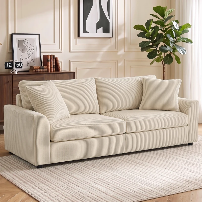 HOMCOM 3-Zitsbank met Sierkussens, Corduroy Sofa voor Woonkamer, Slaapkamer, 212 cm Breed, Crèmewit(m-2)