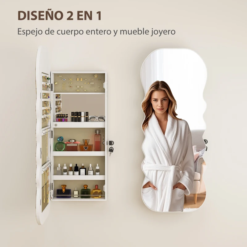 HOMCOM Espejo Joyero con Luz LED Montado en la Pared o en la Puerta con Cerradura Espejo Entero Blanco