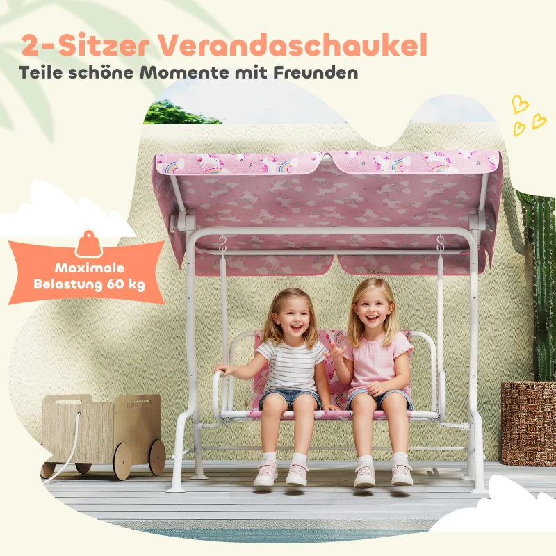 AIYAPLAY 2-Sitzer Kinder Hollywoodschaukel mit verstellbarem Sonnendach, Sicherheitsgurt, für 3-6 Jahre Kinder bis 60 kg Rosa