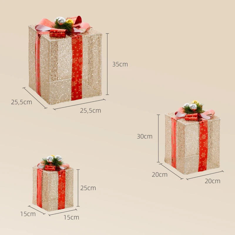 Outsunny Juego de 3 Cajas de Regalo Navidad con 58 LED Blanco Cálido Adornos Luminosos para el Árbol de Navidad Dorado