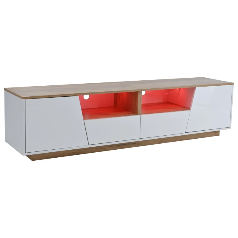 LED TV Stand with App-Controlled Ambient Lighting, Low-Profile TV Cabinet with Cable Management, 180L x 40W x 46H cm, White+Oak