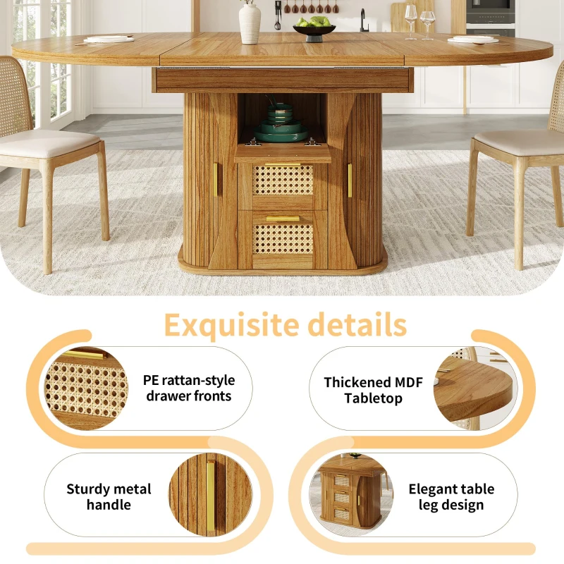 Extendable Dining Table with Sturdy Metal Frame, Space-Saving Center Table with Pull-Out Rattan-Effect Drawers, 118L x 118W x 77H cm, Brown