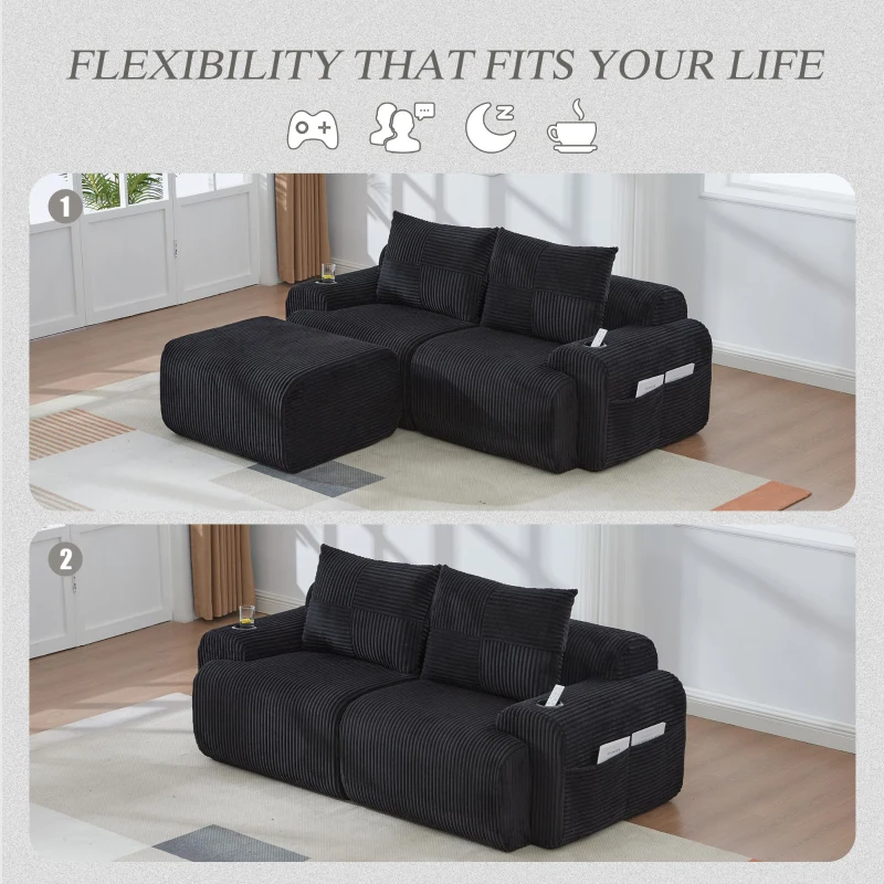 Modular 2-Seater Sofa with Foam-Filled Plush Seats, Black Corduroy Couch with Built-In Cup Holder, 200L x 174W x 80H cm, Black