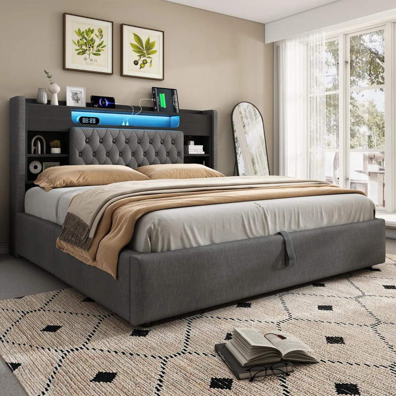 6ft Super King Upholstered Bed with Hydraulic Storage, Stylish Modern Bed Frame with Ambient LED Lighting, 223L x 188W x 115H cm, Grey