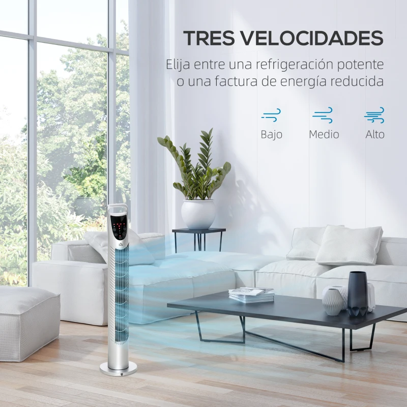 HOMCOM Ventilador de Torre Ventilador Vertical 40W con Mando a Distancia 3 Velocidades Temporizador 7,5h Ø18x78,5 cm Plata